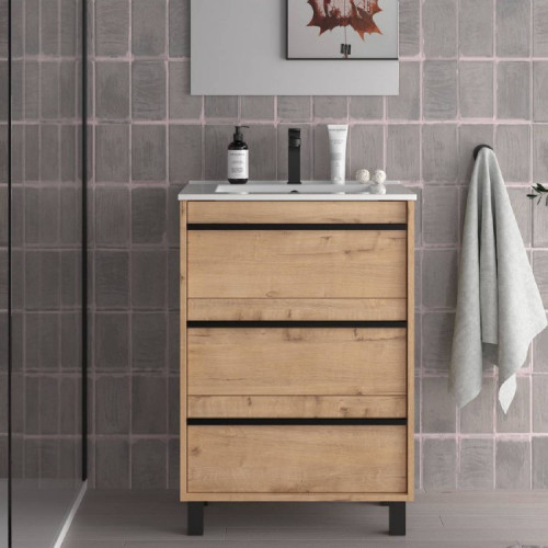 Mobile bagno a terra 60 cm in legno rovere ostippo con lavabo - Atelie