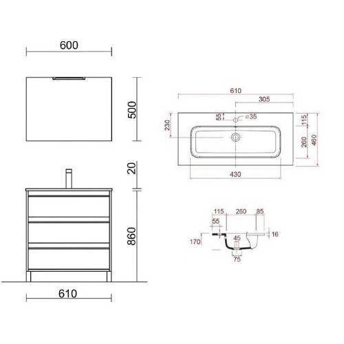 Mobile bagno a terra 60 cm in legno rovere ostippo con lavabo - Atelie