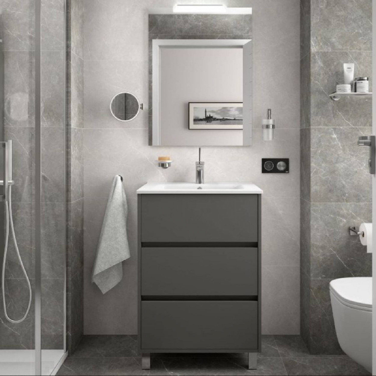 Mobile bagno a terra 60 cm in legno grigio opaco con lavabo - Armonia