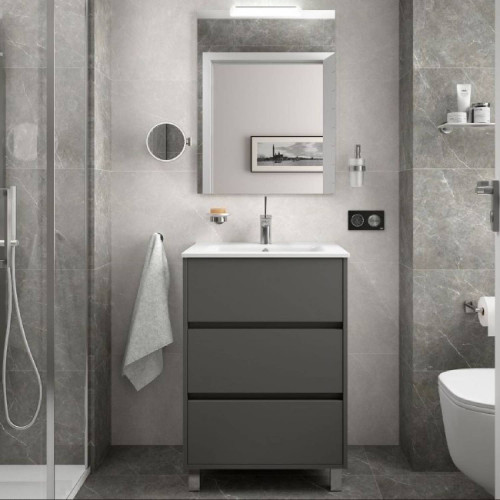Mobile bagno a terra 60 cm in legno grigio opaco con lavabo - Armonia
