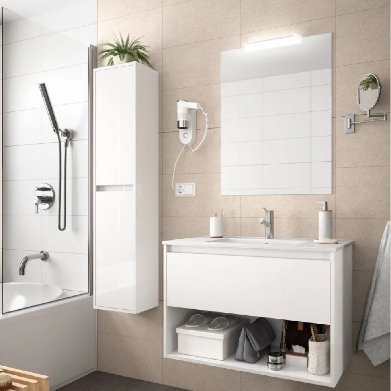 Mobile bagno sospeso 100 cm in legno bianco lucido con lavabo a incass