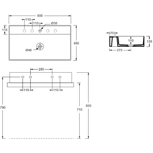 Lavabo sospeso 80x45xh13,5 cm Hide bianco lucido - Alice Ceramica