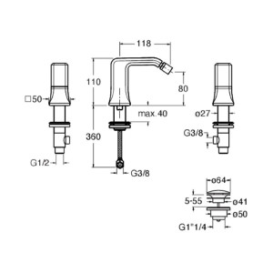 Rubinetto 3 fori per bidet con scarico Italy cromo con manopola marqui 2