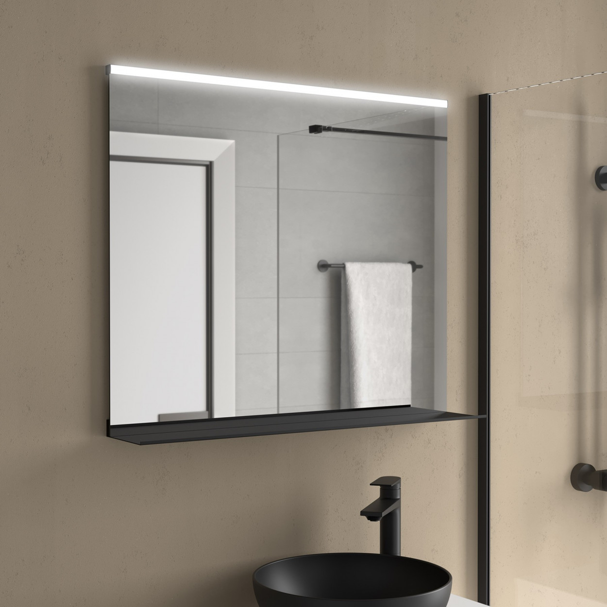 Specchio 80x79 cm Beck con Lampada LED e Ripiano Inferiore Nero - Megl