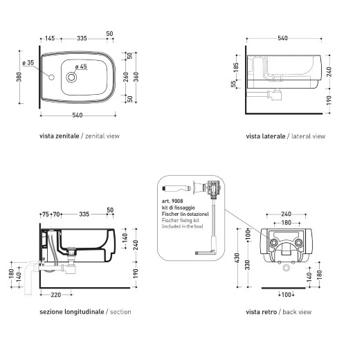 Bidet sospeso Flag bianco lucido monoforo con troppopieno