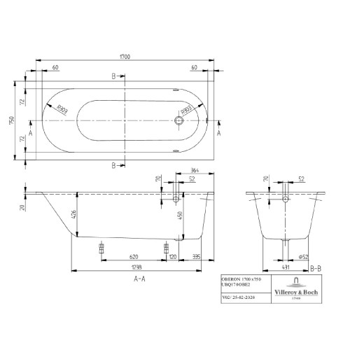 Vasca da bagno incasso 170x75 cm Oberon Villeroy&Boch | Meglioalge