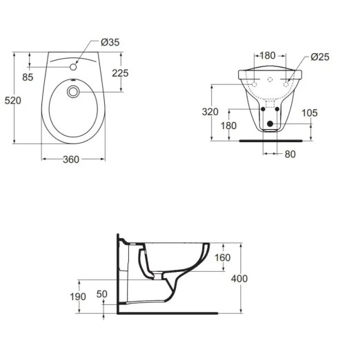 Bidet sospeso 3360x520x350 mm, bianco Eurovit – Ideal Standard