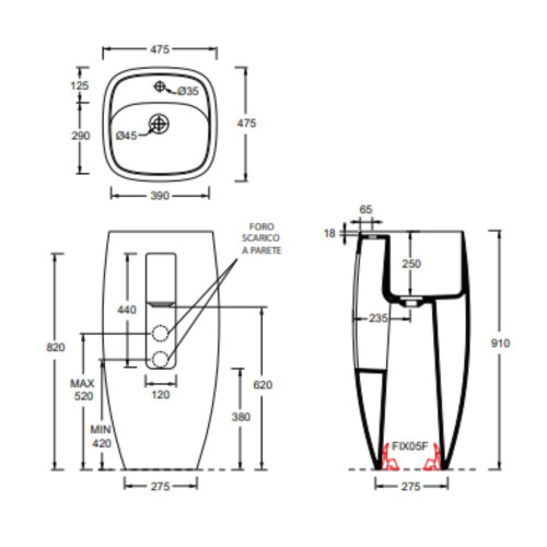 Lavabo freestanding Nur 45x40 cm in ceramica bianco lucido - Alice Cer