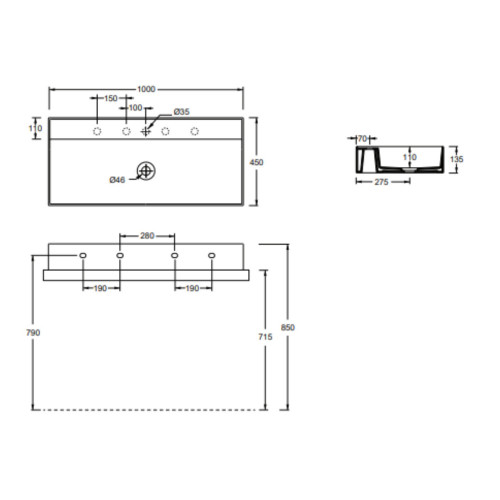 Lavabo sospeso 100x45 cm Hide in ceramica bianco lucido - Alice Cerami