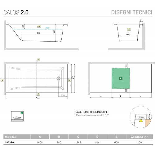 Vasca da bagno standard da incasso 180x80 cm Calos 2.0 bianco lucido -