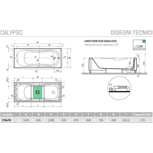 Vasca da bagno 170x70 cm standard con telaio Calypso bianco lucido - N
